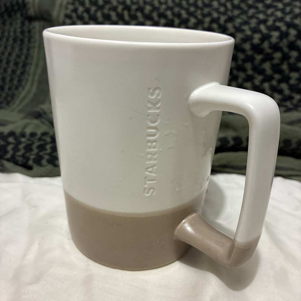 Starbucks 2016 Two Tone Tan Cream Ceramic Coffee Tea Mug 16oz Vertical Logo